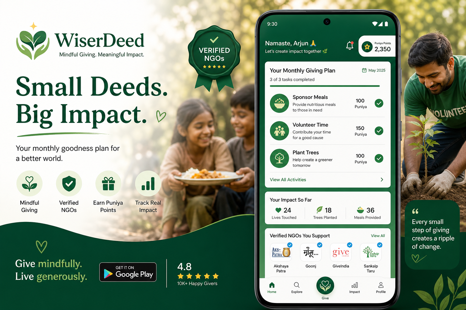 Wiserdeed — mindful giving app with monthly NGO tasks on Android